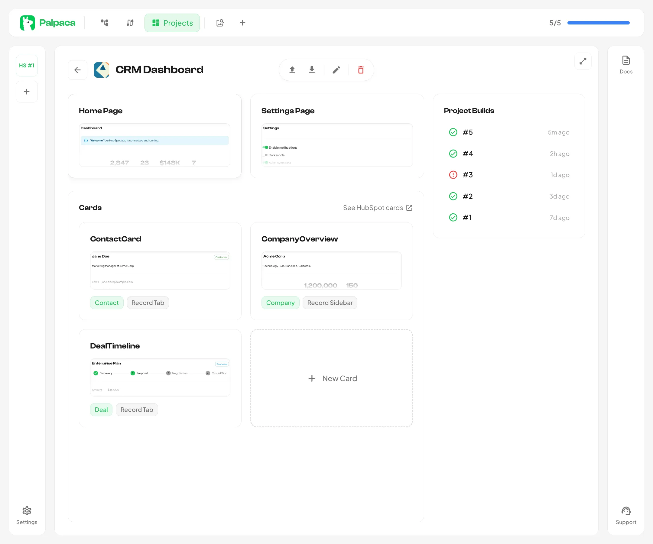 An expanded project showing pages, cards, and the action pill