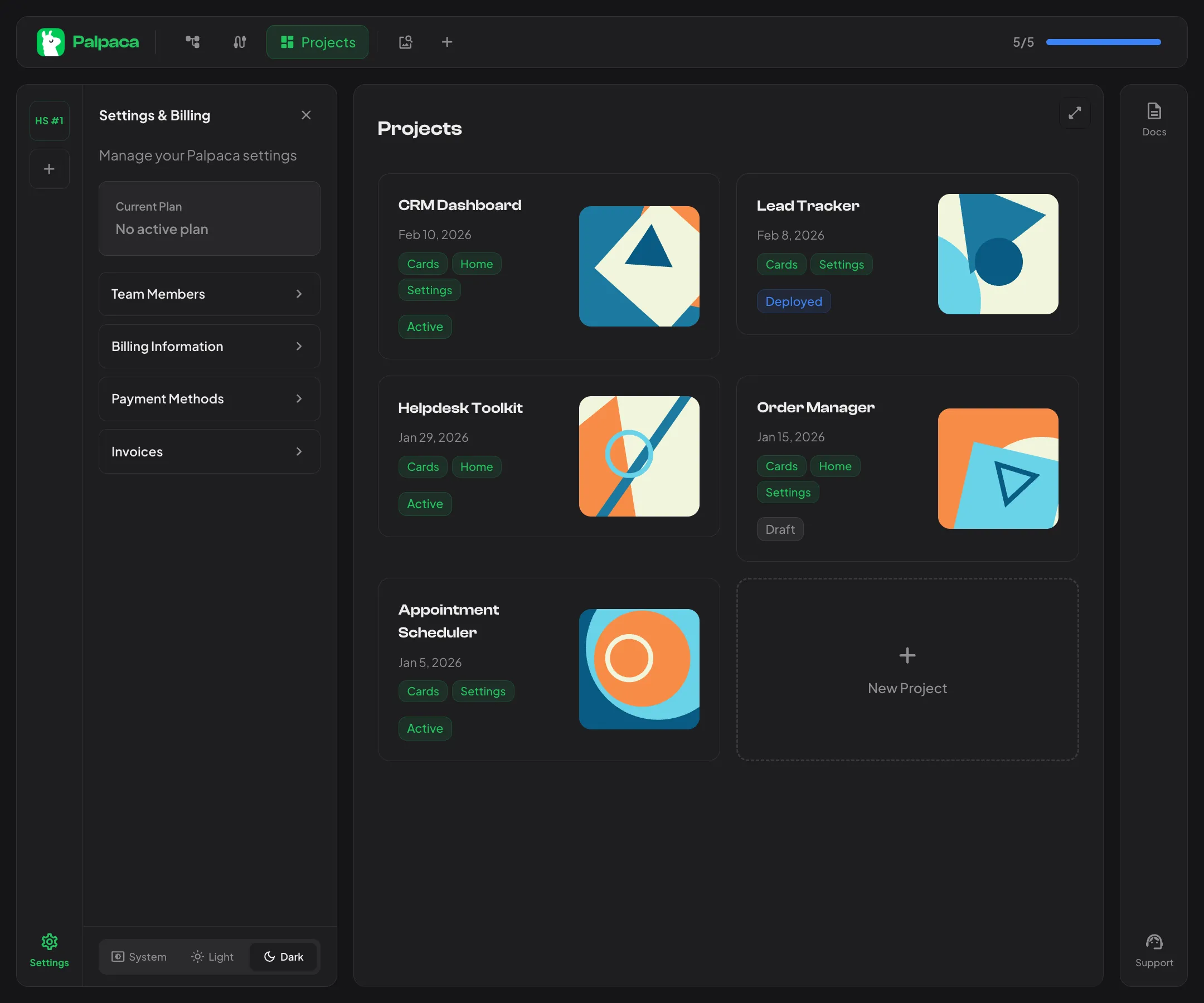 Palpaca in dark mode showing the projects dashboard
