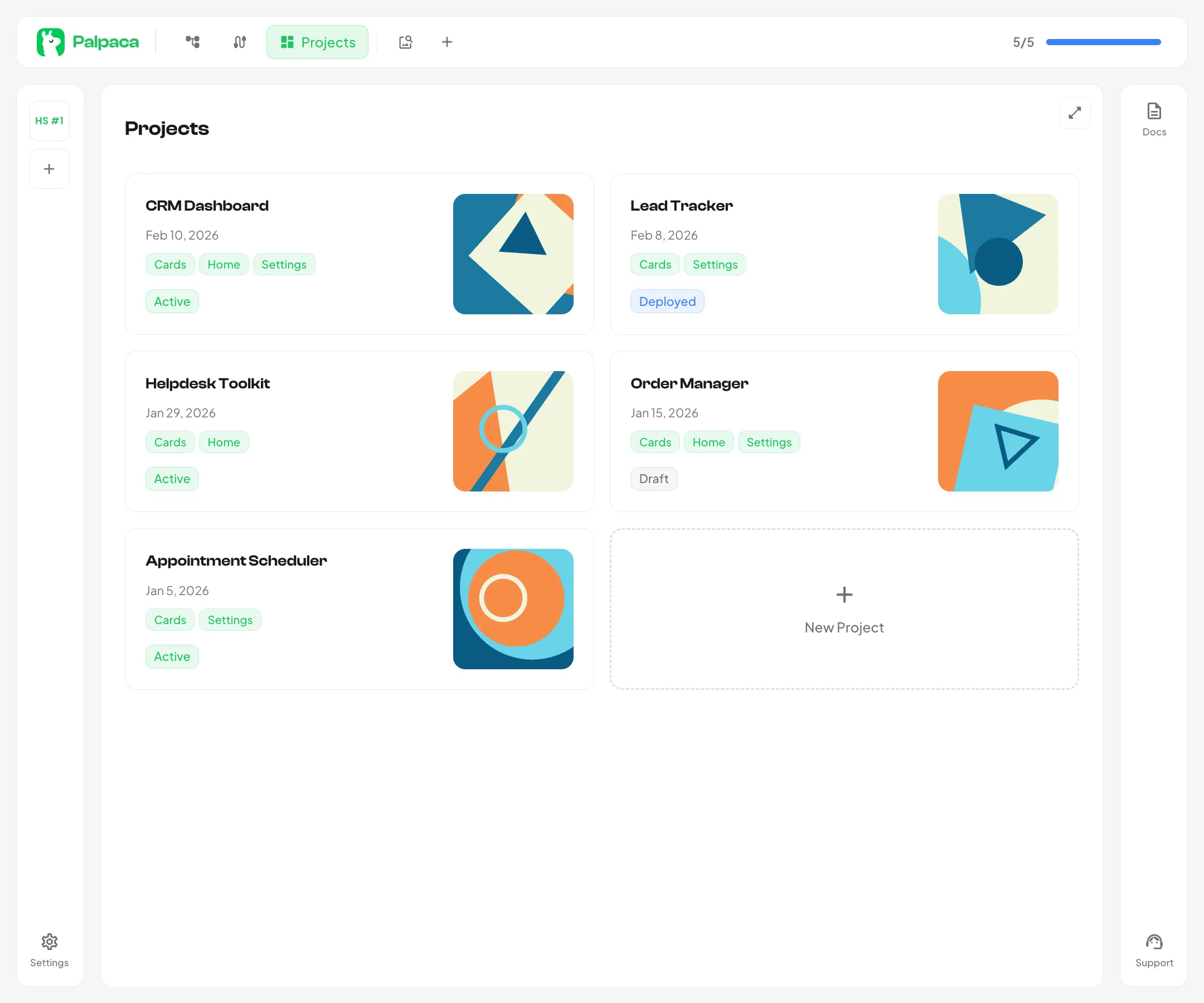 The Palpaca dashboard showing your projects