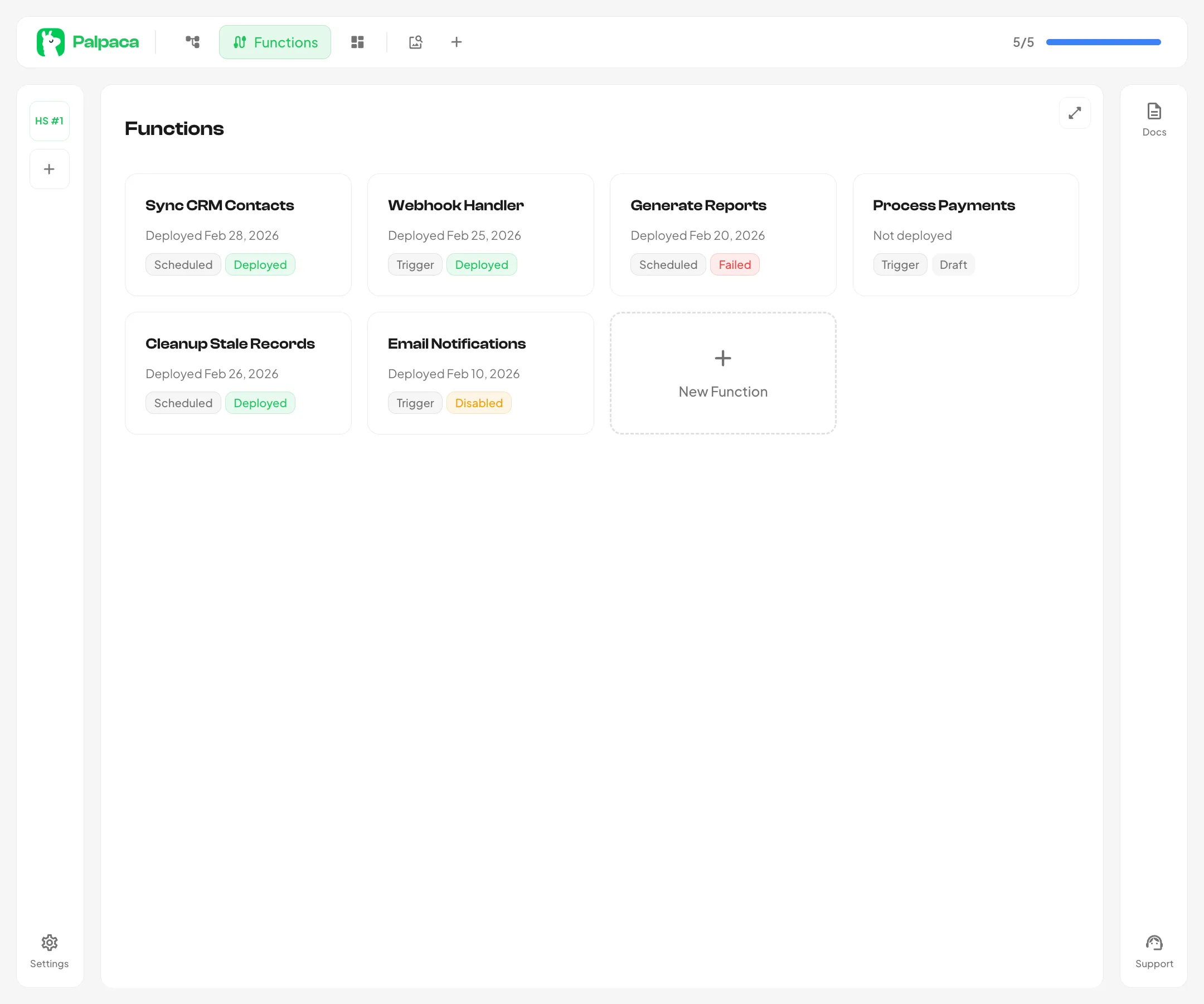 The functions page showing a grid of function cards with status badges