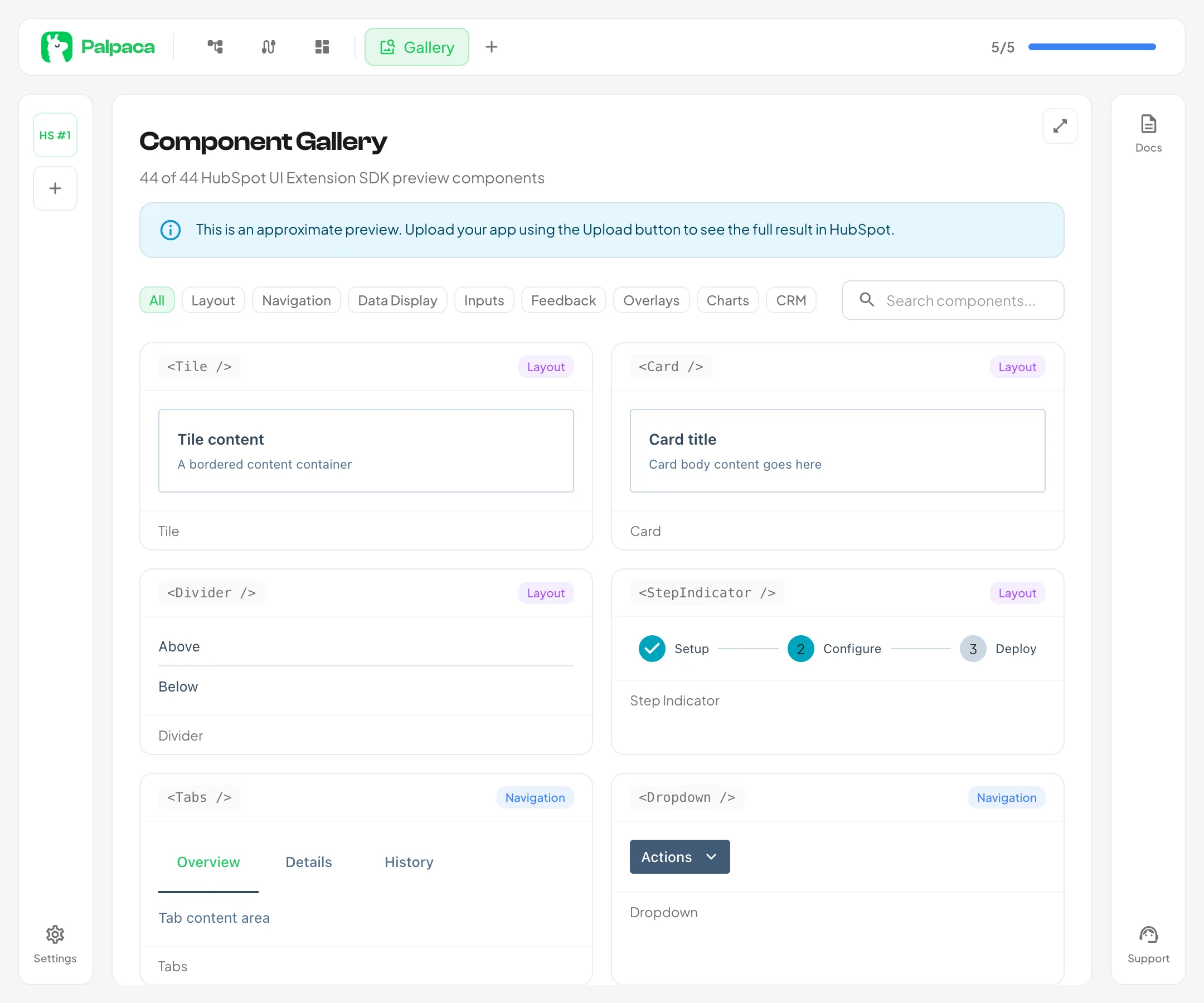 Gallery overview showing component cards organized by category