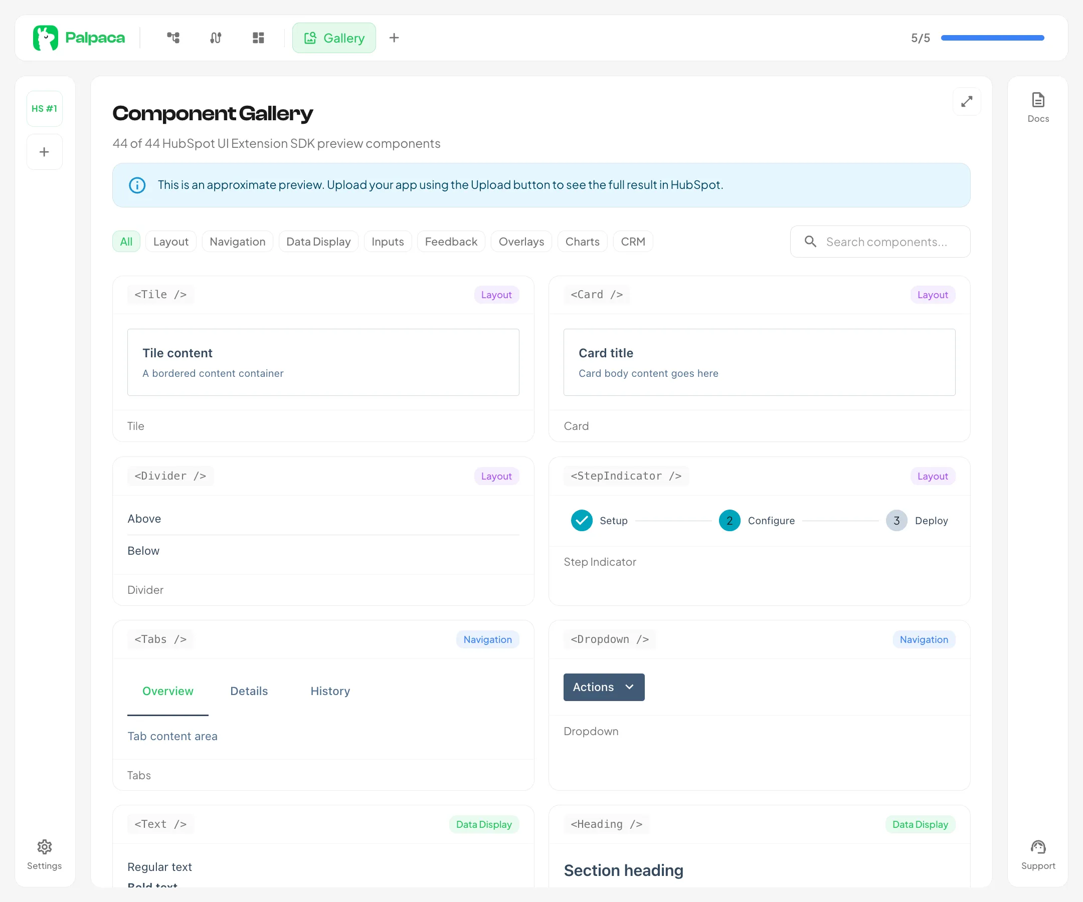 The component gallery showing SDK component previews
