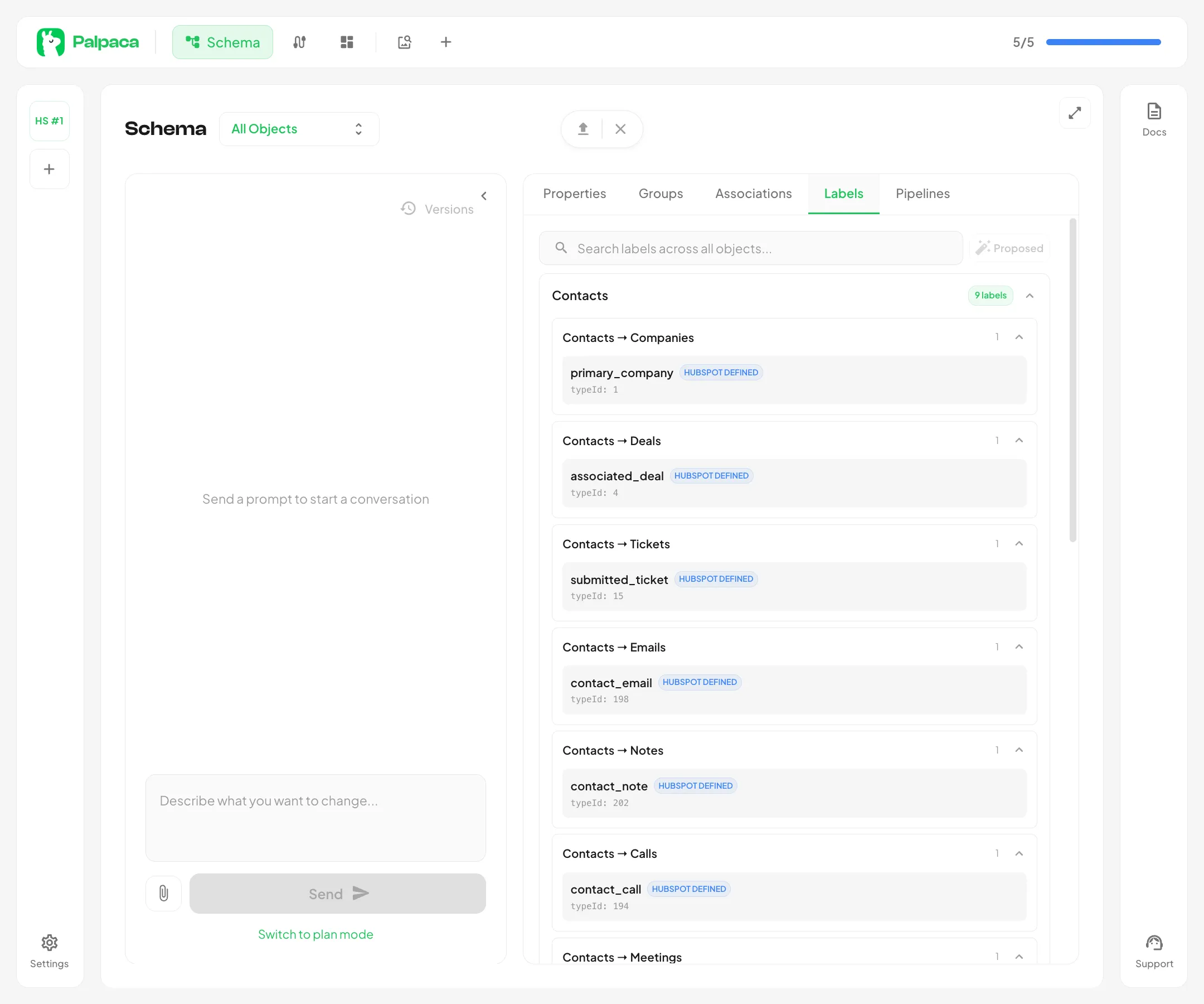 The Labels tab showing association labels with source-to-target arrows
