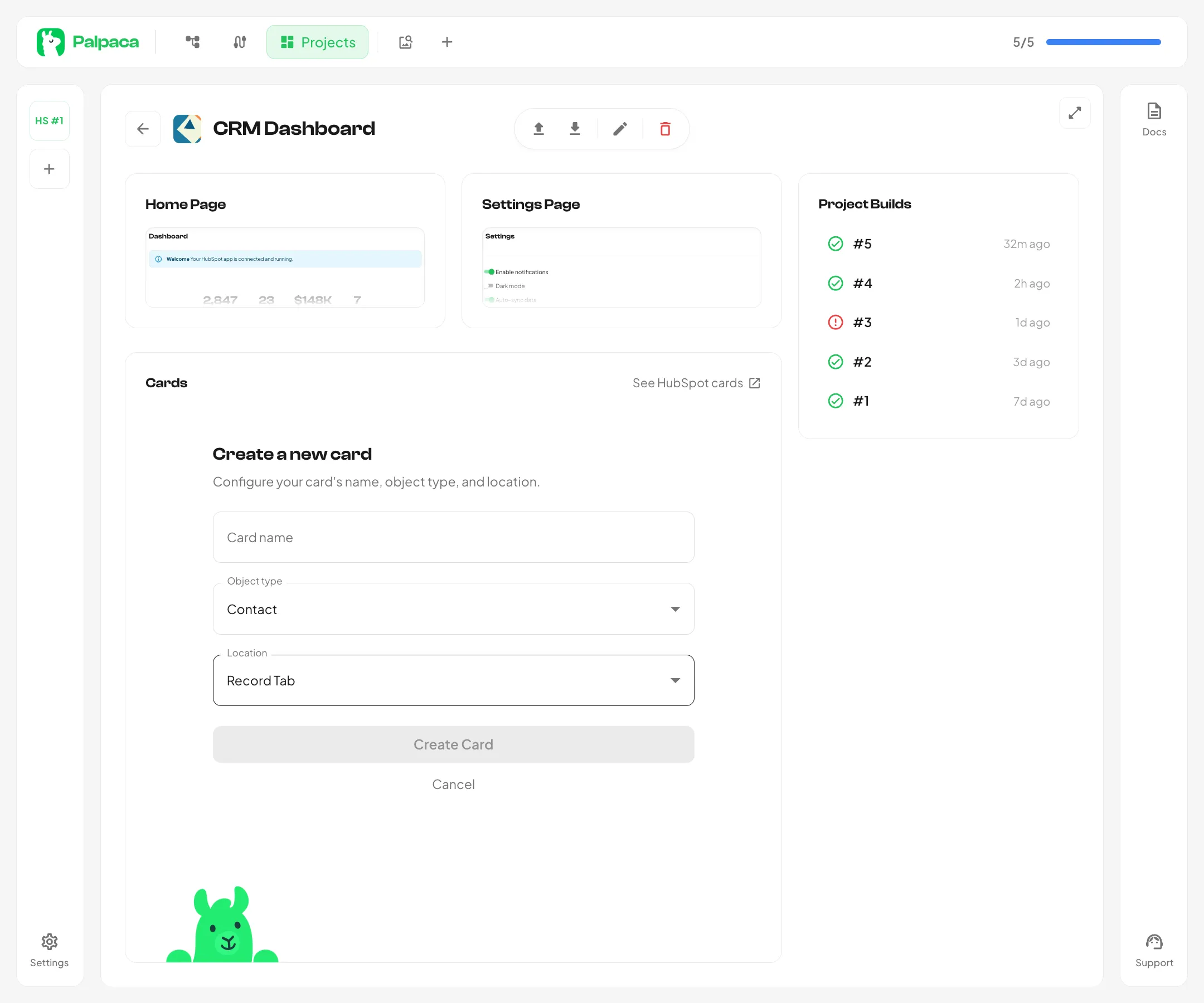 Creating a new card with object type and location selection
