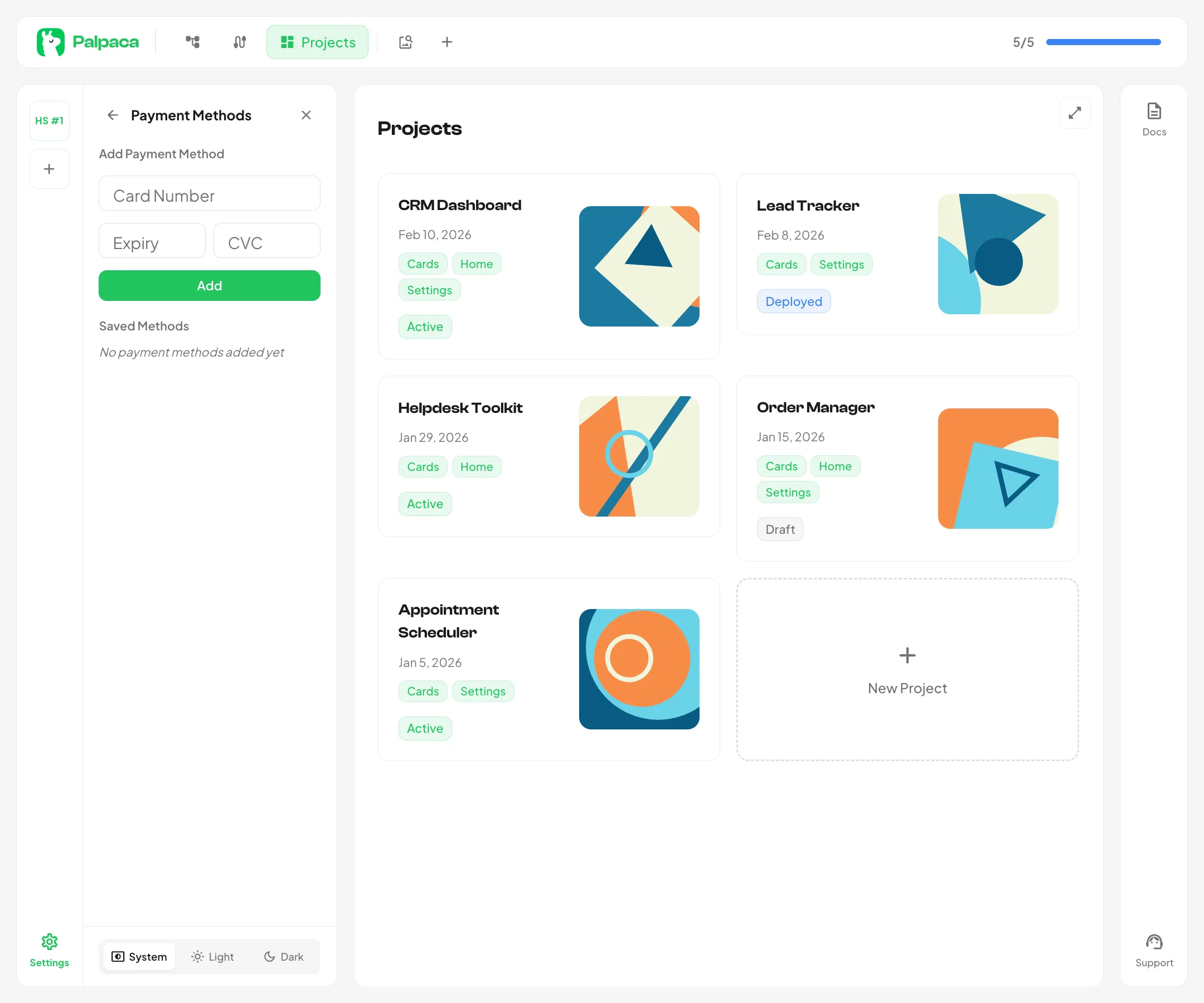 The payment methods panel with card form and saved methods