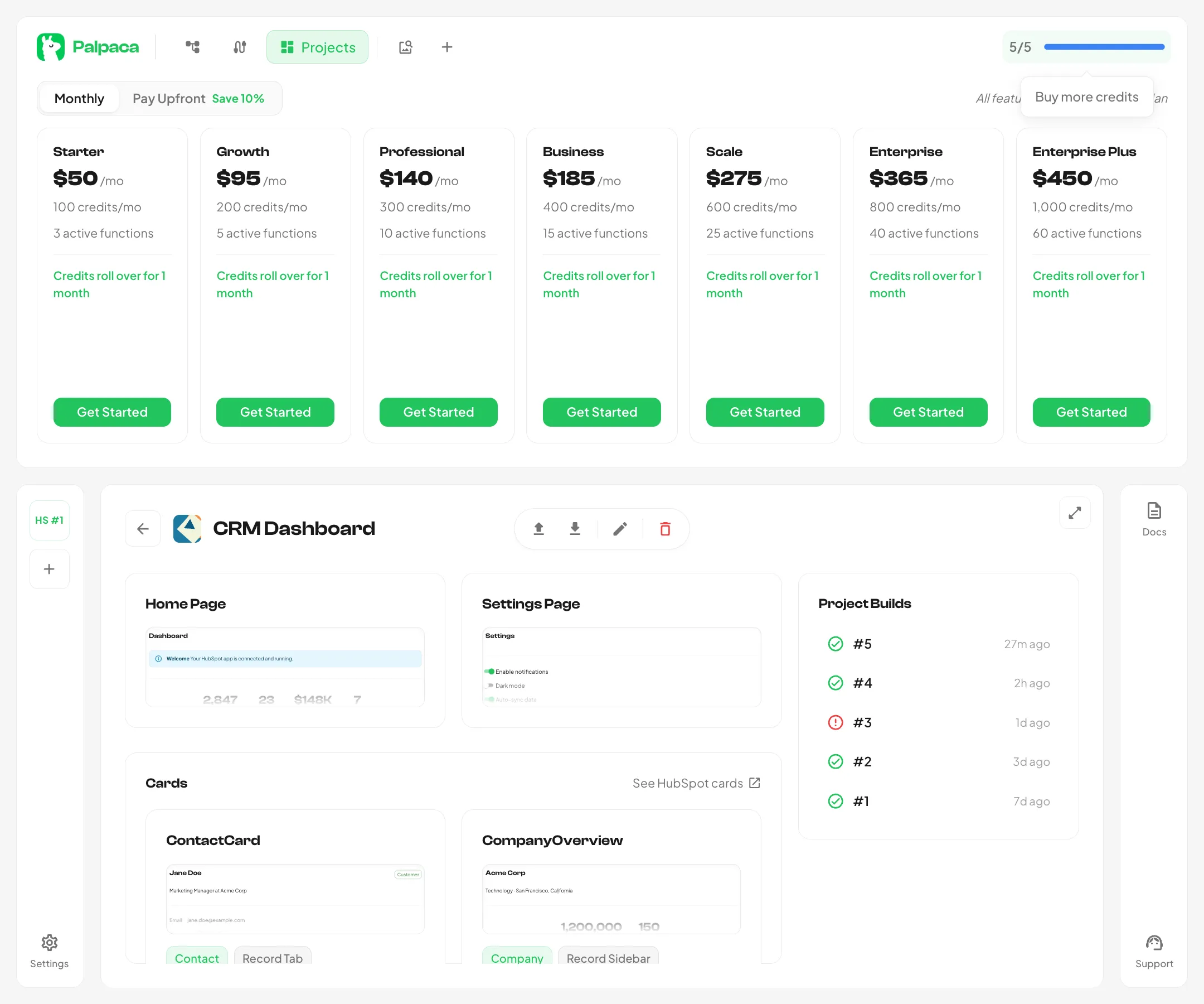 The pricing panel showing credit balance and available plans
