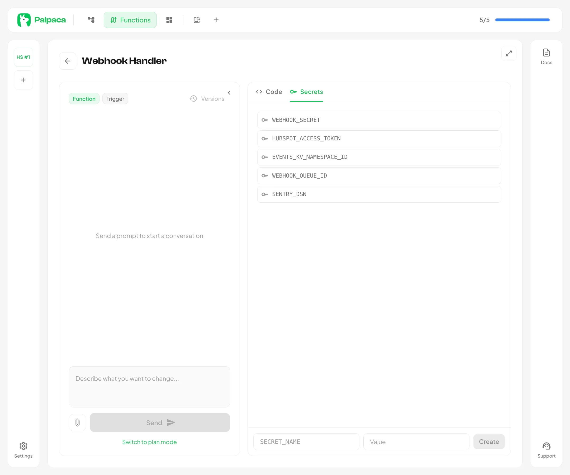 The Secrets tab showing saved secrets and the creation form